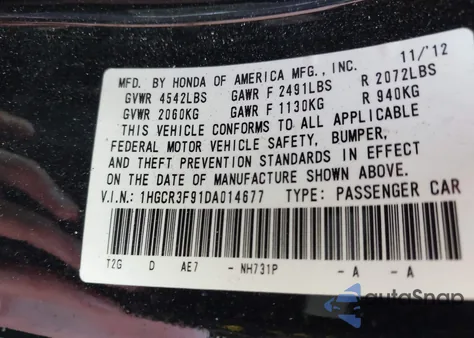 2013 Honda Accord Touring from USA, damaged, VIN 1HGCR3F91DA014677